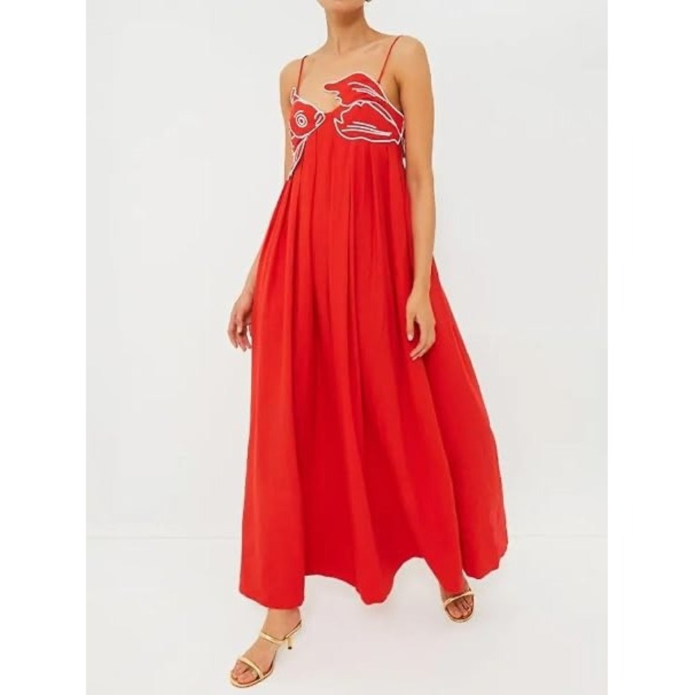NWT Wraparound Fish Appliqué Maxi Dress Red White Adjustable Straps M